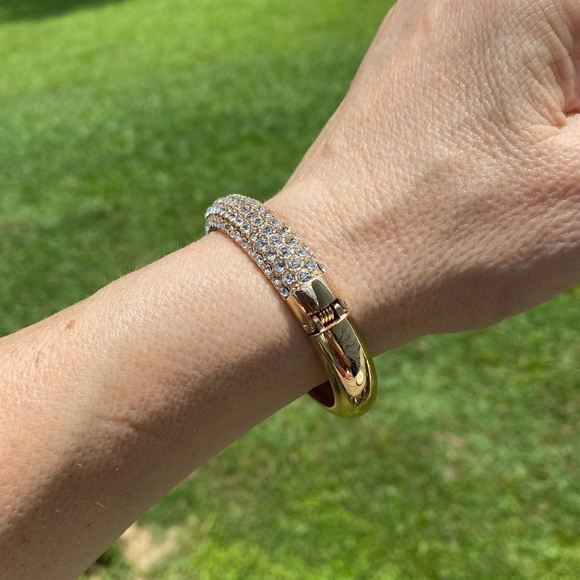 Crystal adorned gold tone hinge bangle bracelet - Picture 6 of 16